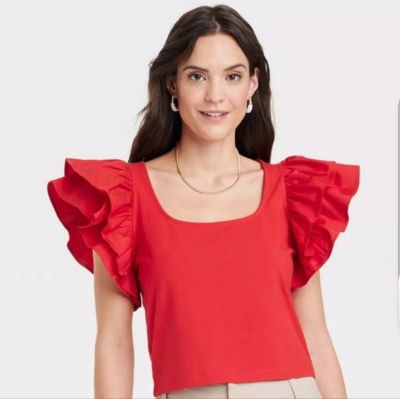 a new day Tops - Red Ruffle Sleeve Top